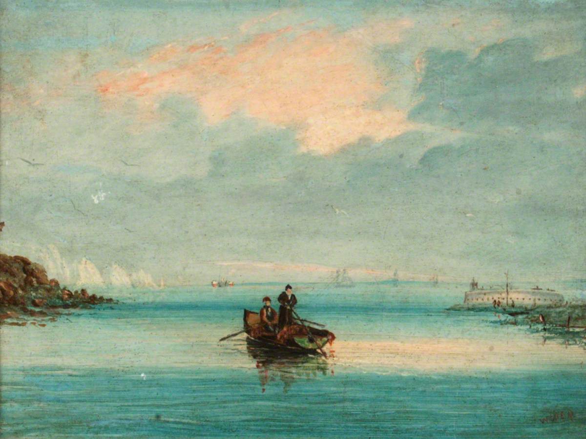 'Rowing Boat in the Solent Looking West with 'The Needles' and
                Hurst Castle', Wiber (active 19th C), Carisbrooke Castle Museum
